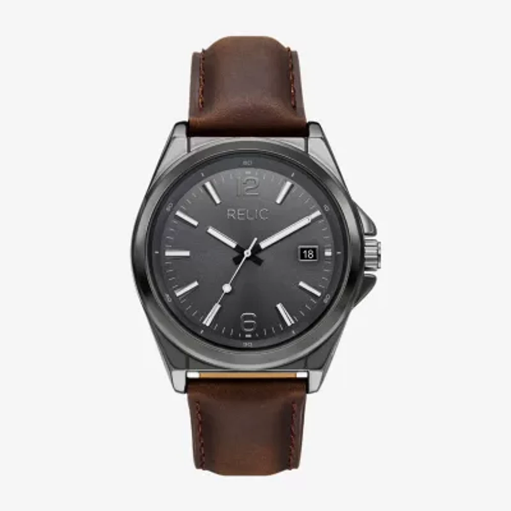 Relic By Fossil Mens Brown Leather Strap Watch Zr16049