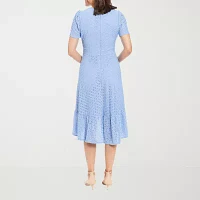 London Times Womens Short Sleeve Eyelet Midi Fit + Flare Dress