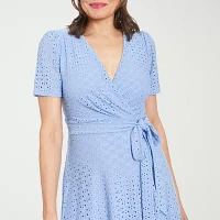 London Times Womens Short Sleeve Eyelet Midi Fit + Flare Dress