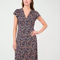 MSK Womens Short Sleeve Floral Midi Fit + Flare Dress