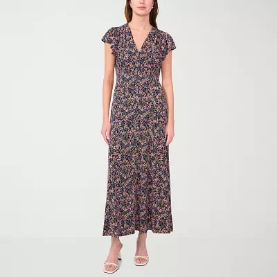 MSK Womens Short Sleeve Floral Midi Fit + Flare Dress