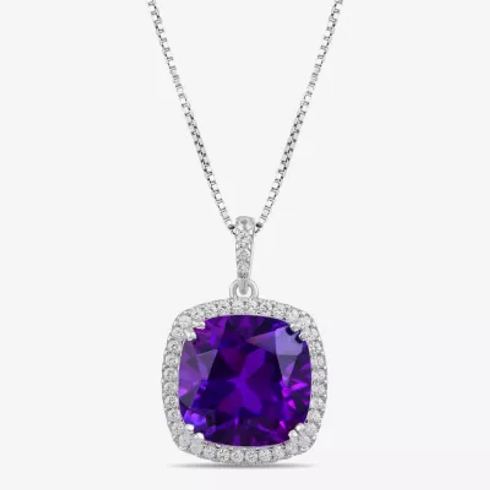 Womens Lab Created Purple Amethyst Sterling Silver Cushion Pendant Necklace