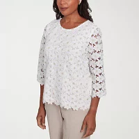 Alfred Dunner Kensington Garden Womens Crew Neck 3/4 Sleeve Lace Lined Blouse