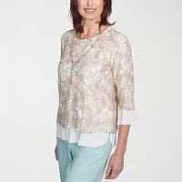 Alfred Dunner Kensington Garden Womens Crew Neck 3/4 Sleeve Blouse