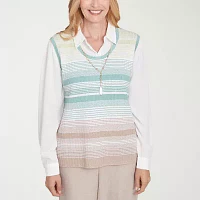 Alfred Dunner Kensington Garden Womens Long Sleeve Striped Layered Sweaters