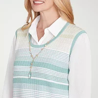 Alfred Dunner Kensington Garden Womens Long Sleeve Striped Layered Sweaters