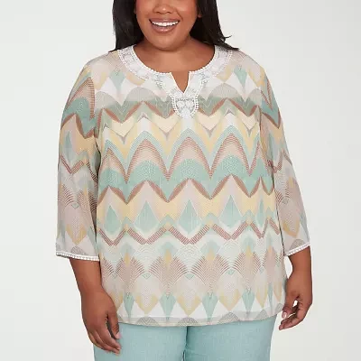 Alfred Dunner Plus Kensington Garden Womens Split Crew Neck 3/4 Sleeve Blouse