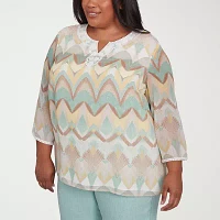Alfred Dunner Plus Kensington Garden Womens Split Crew Neck 3/4 Sleeve Blouse