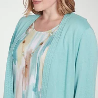 Alfred Dunner Kensington Garden Womens Round Neck 3/4 Sleeve Layered Sweaters Plus