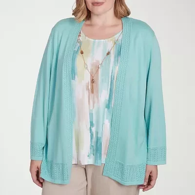 Alfred Dunner Kensington Garden Womens Round Neck 3/4 Sleeve Layered Sweaters Plus