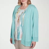 Alfred Dunner Kensington Garden Womens Round Neck 3/4 Sleeve Layered Sweaters Plus