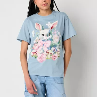 New World Juniors Bunny Bouquette Boyfriend Tee Womens Crew Neck Short Sleeve Graphic T-Shirt