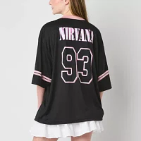 New World Juniors Nirvana Oversized Jersey Womens V Neck Short Sleeve Graphic T-Shirt