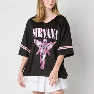 New World Juniors Nirvana Oversized Jersey Womens V Neck Short Sleeve Graphic T-Shirt