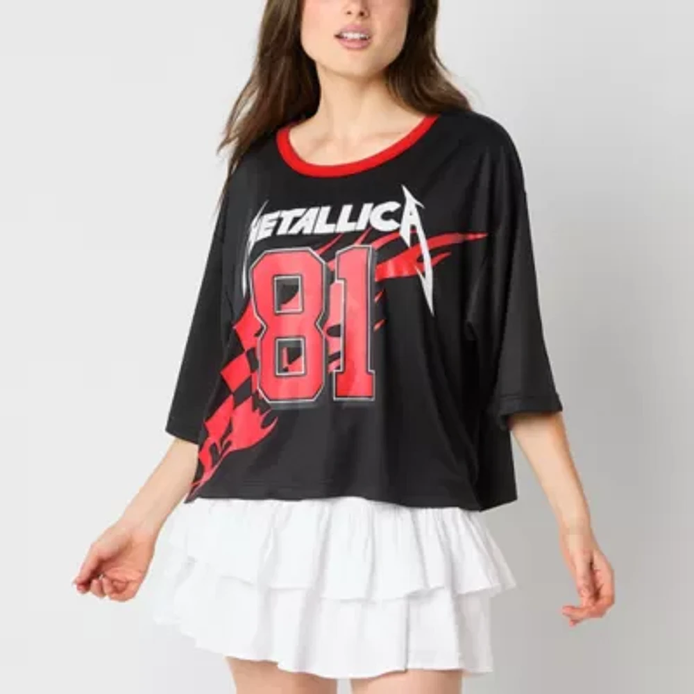 New World Juniors Metallica Cropped Mesh Jersey Womens Crew Neck Short Sleeve Graphic T-Shirt