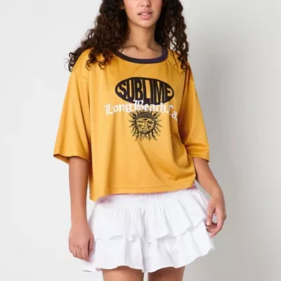 New World Juniors Sublime Cropped Mesh Jersey Womens Crew Neck Short Sleeve Graphic T-Shirt