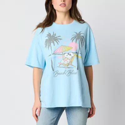 Juniors Beach Bliss Oversized Womens Crew Neck Short Sleeve Peanuts Snoopy Graphic T-Shirt
