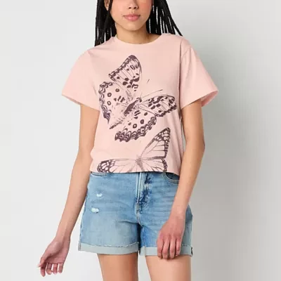 New World Juniors Floral Butterly Semi Fit Tee Womens Crew Neck Short Sleeve Graphic T-Shirt