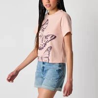 New World Juniors Floral Butterly Semi Fit Tee Womens Crew Neck Short Sleeve Graphic T-Shirt