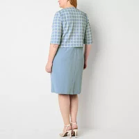Maya Brooke Womens Pearl Trim Plaid Jacket Dress Plus