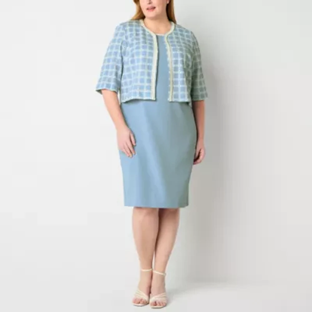 Maya Brooke Womens Pearl Trim Plaid Jacket Dress Plus