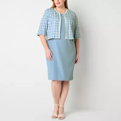 Maya Brooke Womens Pearl Trim Plaid Jacket Dress Plus