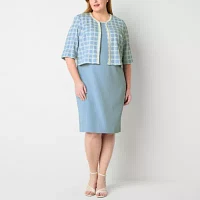 Maya Brooke Womens Pearl Trim Plaid Jacket Dress Plus