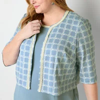 Maya Brooke Womens Pearl Trim Plaid Jacket Dress Plus