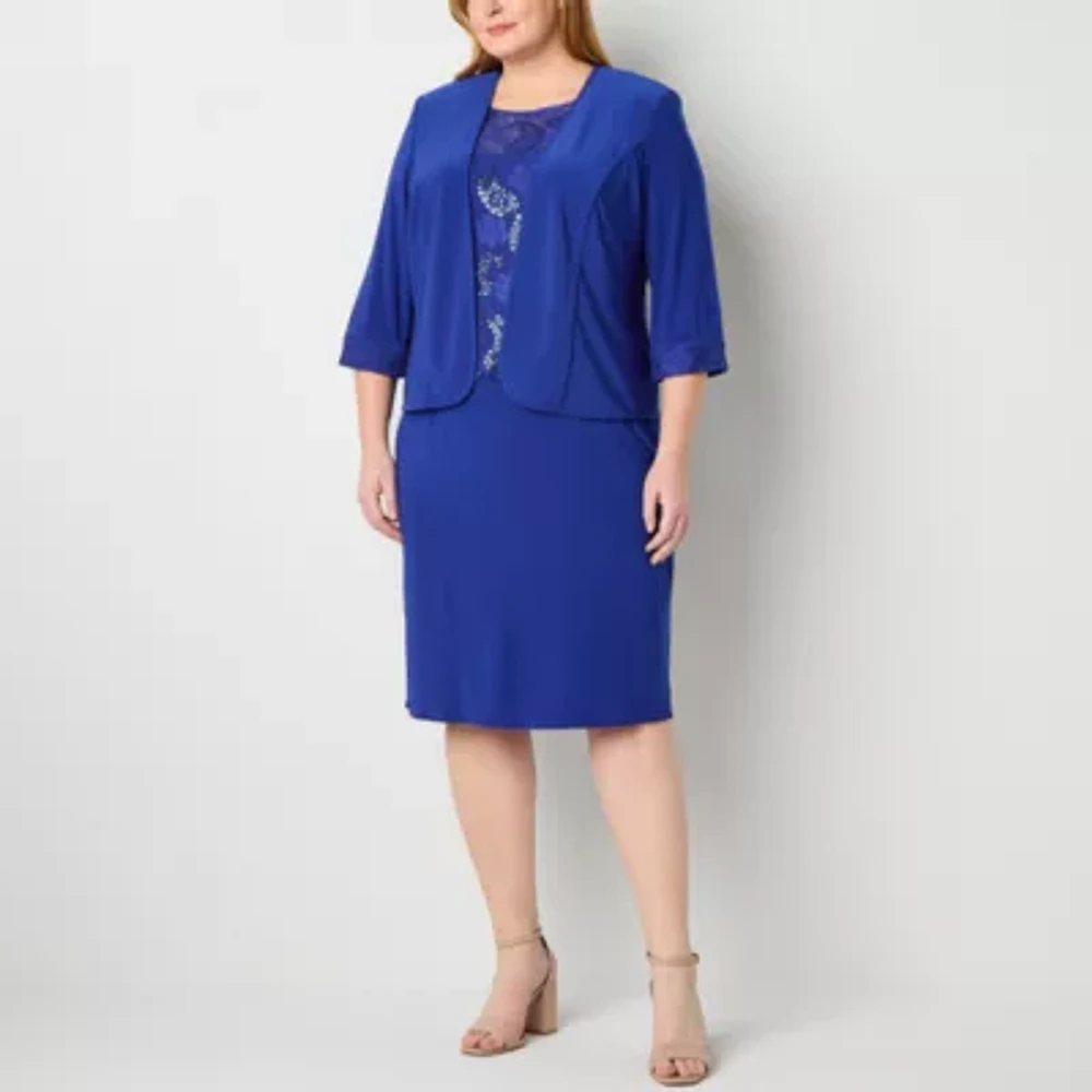 Maya Brooke Womens Beaded Jacket Dress Plus