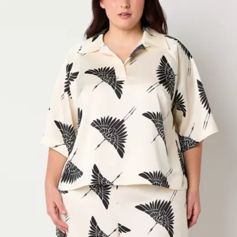 Worthington Plus Womens Short Sleeve Satin Blouse