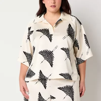 Worthington Plus Womens Short Sleeve Satin Blouse