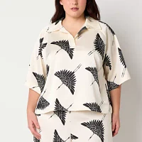 Worthington Plus Womens Short Sleeve Satin Blouse