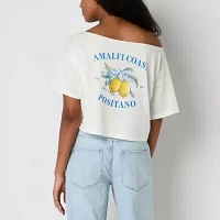 Arizona Juniors Off The Shoulder Womens Short Sleeve Graphic T-Shirt
