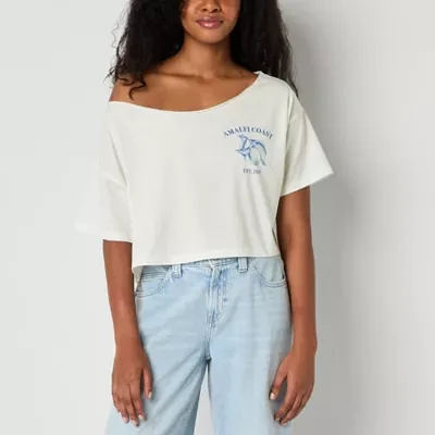 Arizona Juniors Off The Shoulder Womens Short Sleeve Graphic T-Shirt