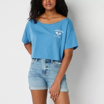Arizona Juniors Off The Shoulder Womens Short Sleeve Graphic T-Shirt