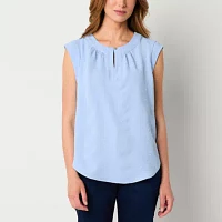 Liz Claiborne Jacquard Womens Split Crew Neck Sleeveless Blouse