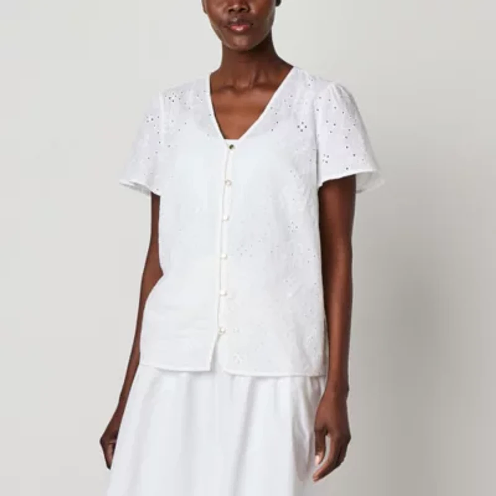 Liz Claiborne Womens V Neck Short Sleeve Blouse