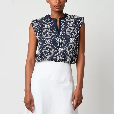 Worthington Womens Split Crew Neck Sleeveless Blouse