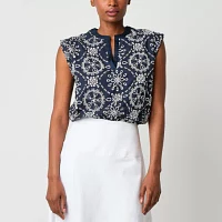 Worthington Womens Split Crew Neck Sleeveless Blouse