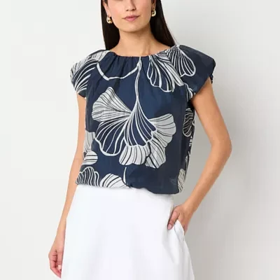 Worthington Womens Round Neck Short Sleeve Blouse