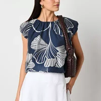 Worthington Womens Round Neck Short Sleeve Blouse
