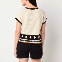 a.n.a Womens Round Neck Short Sleeve Geometric Pullover Sweater