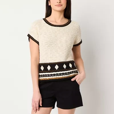 a.n.a Womens Round Neck Short Sleeve Geometric Pullover Sweater