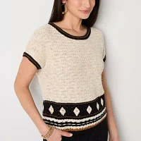a.n.a Womens Round Neck Short Sleeve Geometric Pullover Sweater
