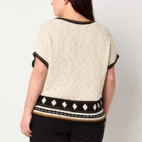 a.n.a Plus Womens Scoop Neck Short Sleeve Geometric Pullover Sweater