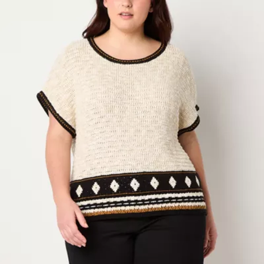 a.n.a Plus Womens Scoop Neck Short Sleeve Geometric Pullover Sweater