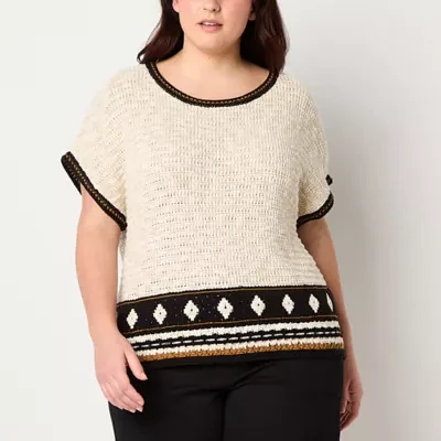 a.n.a Plus Womens Scoop Neck Short Sleeve Geometric Pullover Sweater