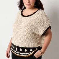 a.n.a Plus Womens Scoop Neck Short Sleeve Geometric Pullover Sweater