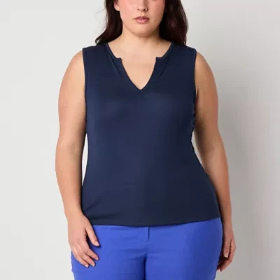 Worthington Womens Plus Split Crew Neck Sleeveless Tank Top