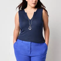 Worthington Womens Plus Split Crew Neck Sleeveless Tank Top